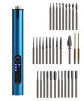 Blue mini cordless engraving pen, front view, with USB LED light and 33 rotary bits for metal, wood, glass, plastic.