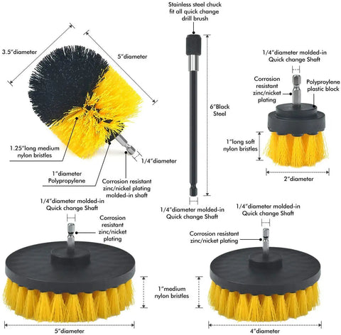 Heavy Duty Drill Brush Attachment Set With Four Shapes And Dual Bristles, sizes shown with measurements and material details.
