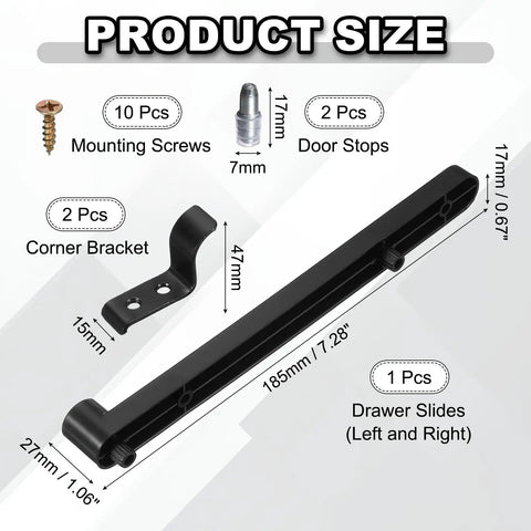Heavy Duty Flip Up Drawer Slides 185 Millimeter With Full Hardware Kit Side Mounted Hidden Glide Rails For Dressers And Cabinets Zero Friction Plastic Tracks In Matte Black product dimensions and components included.
