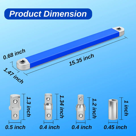 Dimensions of 15 Inch Offset Extension Wrench Set For Tight Spaces, Impact Ready Ratchet Extension Tool With 1/4, 3/8, 1/2 Inch Square Drive Adapters and 1/4 Inch Socket, Zero Degree Swing To Conquer Hard To Reach Fasteners shown on diagram.