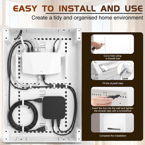 Premium In Wall TV Media Box For Slick Cable Concealment With Networking Gear Installed and Organized Wiring Components.