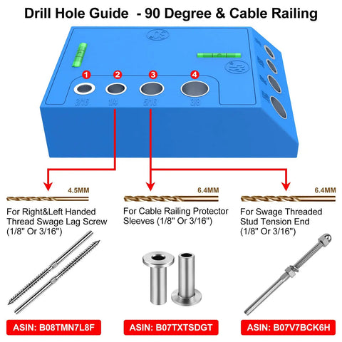Upgraded Drill Guide Jig With 3 Angles 30 45 90 Degrees For Angled And Straight Holes Includes 4 Drill Bit Sizes Built For Cable Railing Deck And Stair Post Installation And Lag Screw Fitting Kit DIY Ready displayed with swage threaded stud tension end and protector sleeves