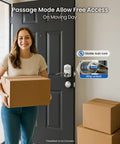 Woman carrying boxes by Top Notch Zinc Alloy Keypad Door Lock With Satin Nickel Finish Programmable Smart Keyless Entry.