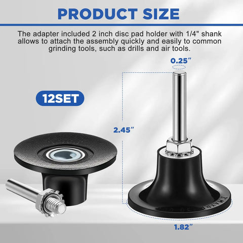 Image of a 2-inch quick change disc pad holder showing product size and 1/4-inch shank for die grinder accessories.