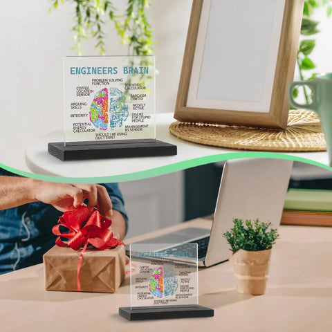 Engineers Brain Acrylic Desk Sign For Mechanical, Aerospace, Electrical, Civil And Software Engineers on a desk, clear material