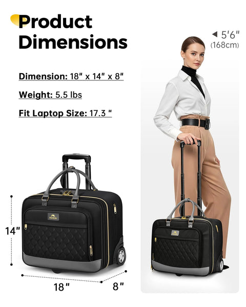 MATEIN black rolling laptop briefcase with wheels, quilted front, 18x14x8 inches, airline-approved underseat carry-on