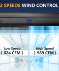 Sleek 42 Inch Black Air Curtain With 1000 Cfm High Velocity Airflow And Two Speeds above glass doorway showcasing wind control settings.
