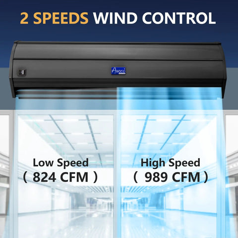 Sleek 42 Inch Black Air Curtain With 1000 Cfm High Velocity Airflow And Two Speeds above glass doorway showcasing wind control settings.