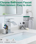Chrome Waterfall Bathroom Faucet With Single Handle For 1 Or 3 Hole Installations Deck Plate Splash-Free Water-Saving RV Sink Camper Farmhouse Remodel Faucet Easy Install DIY Friendly shown on a white sink with mirror reflection