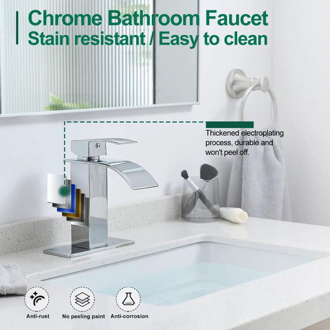 Chrome Waterfall Bathroom Faucet With Single Handle For 1 Or 3 Hole Installations Deck Plate Splash-Free Water-Saving RV Sink Camper Farmhouse Remodel Faucet Easy Install DIY Friendly shown on a white sink with mirror reflection
