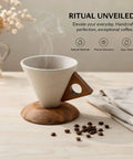 Reliable Terracotta Pour Over Coffee Dripper Set With Solid Wood Handle, conical clay dripper on wood base with coffee beans.