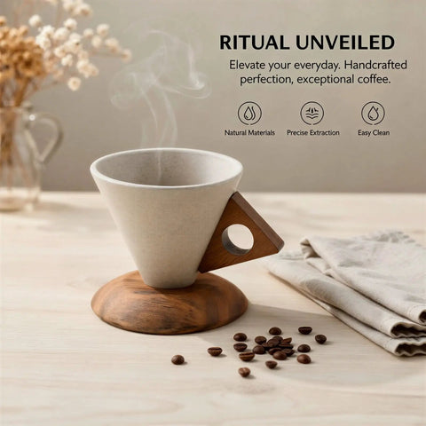 Reliable Terracotta Pour Over Coffee Dripper Set With Solid Wood Handle, conical clay dripper on wood base with coffee beans.