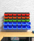 Wall Mounted Storage Bins Organizer for Garage and Workshop, 30 Bin Set in Four Colors, ABS Plastic on white wall.