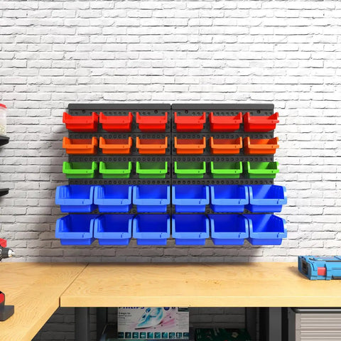 Wall Mounted Storage Bins Organizer for Garage and Workshop, 30 Bin Set in Four Colors, ABS Plastic on white wall.