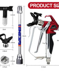 Heavy Duty High Pressure Airless Paint Primer Spray Gun Featuring Slick Reversible 517 Tip And Swivel Coupler Hooked With Ten Inch Extension Rod showing dimensions and components.