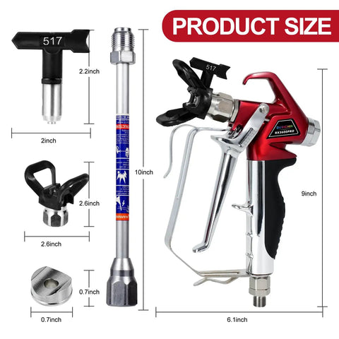 Heavy Duty High Pressure Airless Paint Primer Spray Gun Featuring Slick Reversible 517 Tip And Swivel Coupler Hooked With Ten Inch Extension Rod showing dimensions and components.