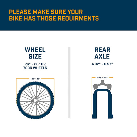 Indoor Bike Trainer Stand For Road And Mountain Bikes showing compatibility requirements for wheel size and rear axle width.