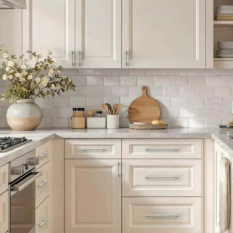 Modern kitchen with Rock Solid Heavy Duty Zinc Alloy Cabinet Pulls Set Of 10 In Brushed Satin Nickel Finish on white cabinets.