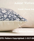 Floral Throw Pillow Cover 18x18 Inch Organic Cotton Dusty Blue One Sided Decorative Cushion Cover For Sofa Couch Living Room Farmhouse Neutral Decor Cozy Vibe No Insert, close-up of floral front and natural cotton back with zipper