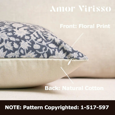 Floral Throw Pillow Cover 18x18 Inch Organic Cotton Dusty Blue One Sided Decorative Cushion Cover For Sofa Couch Living Room Farmhouse Neutral Decor Cozy Vibe No Insert, close-up of floral front and natural cotton back with zipper