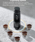 Compact Portable Electric Coffee Grinder Featuring A Kickass 48Mm Burr Mill With Stepless Adjustment For Beans Spices And Herbs Ultra Quiet Design For Grabbing Brews On The Road In Black with ground coffee containers.