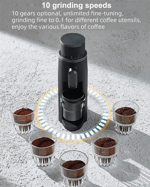 Compact Portable Electric Coffee Grinder Featuring A Kickass 48Mm Burr Mill With Stepless Adjustment For Beans Spices And Herbs Ultra Quiet Design For Grabbing Brews On The Road In Black with ground coffee containers.