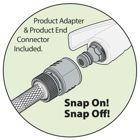 Lever Flow-Through Valve Connector Bundle for hose fittings shown with product adapter and end connector, snap-on design.