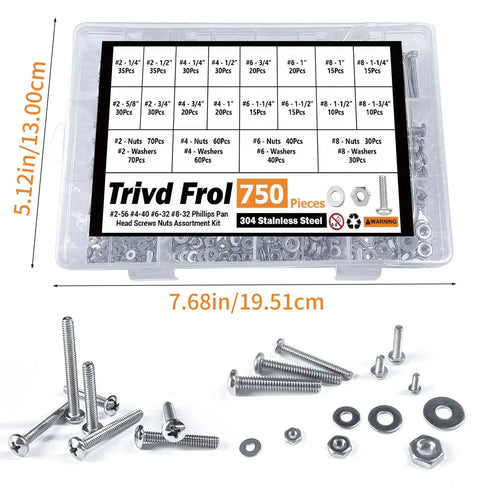 Top Notch 750 Piece Stainless Steel Fastener Set With Phillips Pan Head Screws Sizes 2-56 4-40 6-32 8-32, Plus Nuts And Flat Washers, 304 Stainless Steel Assortment Kit For Home Or Shop Projects in plastic case