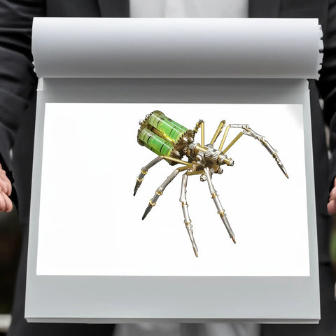 Metal DIY 3D Insect Puzzle Kit In Brass For Adults, Gatling Spider model displayed on paper with intricate brass and steel gears.