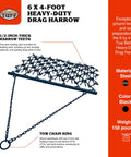 Rugged 6 Foot By 4 Foot Tow Behind Drag Harrow With Powder Coat Black Finish, 97 Tines, 14 Hooks, for soil and lawn prep