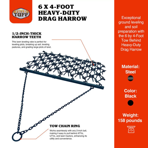 Rugged 6 Foot By 4 Foot Tow Behind Drag Harrow With Powder Coat Black Finish, 97 Tines, 14 Hooks, for soil and lawn prep