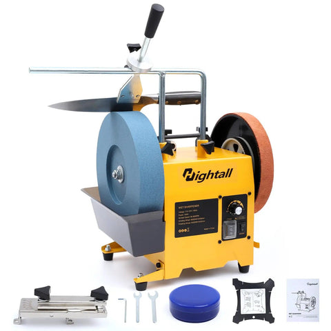 Dual Wheel Knife Sharpening System with 10 Inch 220 Grit Wheel and 8 Inch Leather Honing Wheel, yellow bench grinder