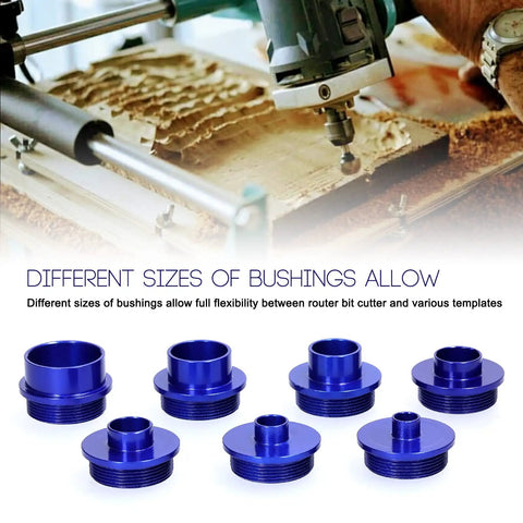 Rock Solid 10 Piece Router Template Bushing Set With Heavy Duty Aluminum Alloy Frame Built Like A Tank Slick Lock Nuts; assorted blue bushings for precise woodworking.