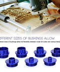 Different sizes of bushings from the Knockout Aluminum Router Template Bushing Kit for woodworking projects.