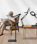 Adjustable arms of 15X Floor And Desk Magnifying Glass With Light And Stand Hands Free Craft Hobby Tool with LED bulbs shown in use