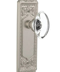 Egg And Dart Plate With Oval Clear Crystal Glass Knob Privacy Locking Door Hardware Set For One Door Two And Three Quarters Inch Backset Brushed Satin Nickel front view