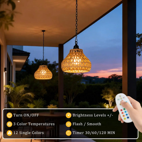Rechargeable Cordless Outdoor Chandelier 2 Pack Colorful Hanging Pendant Lights With Remote No Wiring For Yard Gazebo super slick night vibes easy install lowkey awesome setup, showcasing two woven lights on a porch.