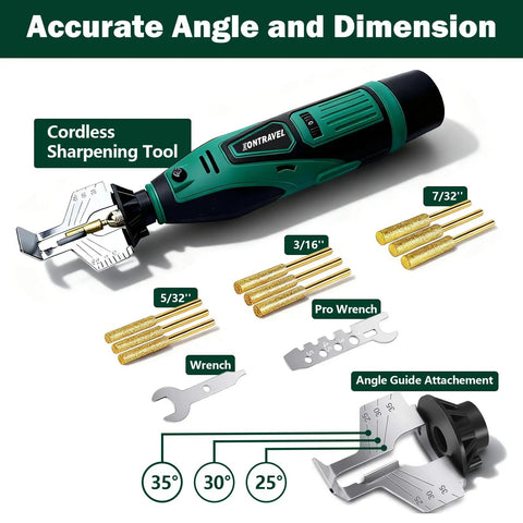 Cordless 12V Chainsaw Sharpener Kit With Two Batteries And Nine Diamond Grinding Wheels In Three Sizes High Speed Chainsaw Chain Sharpener Tool With Titanium Plated Diamond Bits For Fast On Site Maintenance on white background
