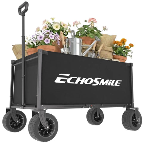 Heavy Duty Folding Wagon Cart For Camping And Beach 400 Lb Capacity filled with gardening tools and flowers.