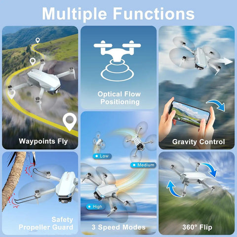 Image showing 2K HD Camera Drone With FPV For Adults, featuring Waypoints Fly, Gravity Control, 3 Speed Modes, and safety features.