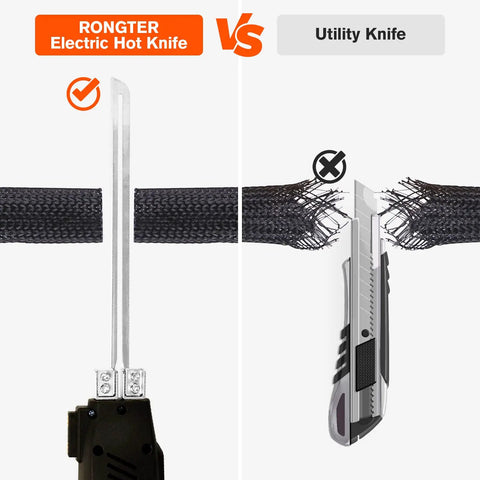 Comparison of Rongter 200W Air-Cooled Electric Hot Knife Foam Cutter Tool and a utility knife cutting through material.