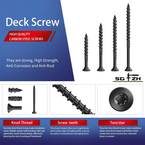 No. 8 X 1-1/4 Inch Deck Screws Set, 398 Pieces, 2 Pound Carbon Steel, Black Epoxy Coated, Flat Head, Rust Resistant, Torx T25 Bit Included