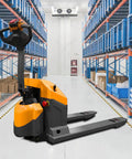 ApolloLift Electric Pallet Jack 4400 Lb Capacity Forklift Truck With 48x27 Inch Forks in a warehouse aisle.