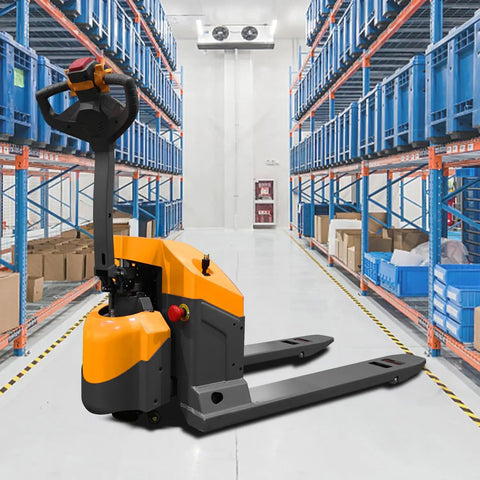 ApolloLift Electric Pallet Jack 4400 Lb Capacity Forklift Truck With 48x27 Inch Forks in a warehouse aisle.