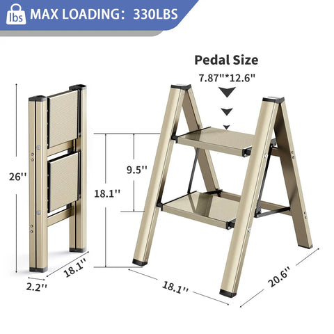 Three Step Folding Ladder Stool With Anti Slip Wide Pedals Aluminum Portable Lightweight Handy Everyday Use For Adults Multi Use At Home And Kitchen Black 330 Lbs Capacity, dimensions shown