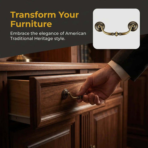 Hand pulling an antique brass drawer handle, part of the Antique Drawer Pulls 4 Pack for Dresser and Cabinet, shown on a wooden dresser.