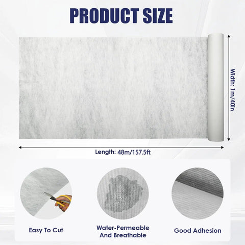 High Density Stitched Polyester Roof Mesh Fabric 40 X 157.5 Ft Crack Resistant Reinforcement Tape displayed with product dimensions and uses.