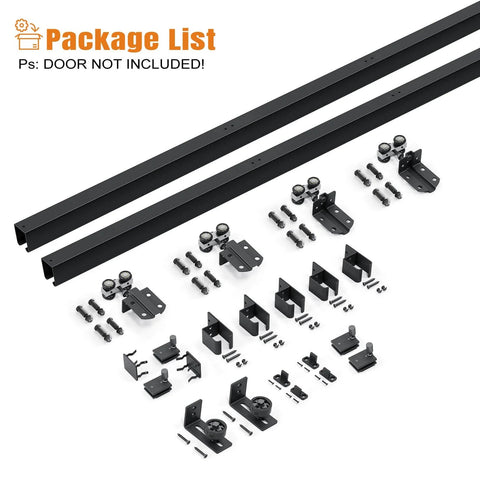 8 Foot Exterior Sliding Barn Door Hardware Kit With Box Rail Track, 450Lb Capacity, Black Weather Resistant Steel components