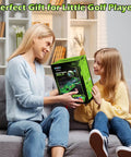 Parent and child with Upgraded Kids Golf Set With Dinosaur Automatic Returner Light Up Night Golf Balls 3 Clubs Kit box.
