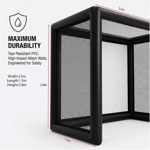 Portable Indoor Golf Practice Enclosure With Airtight PVC Screen Cage For Garage Or Backyard showing dimensions and material detail.